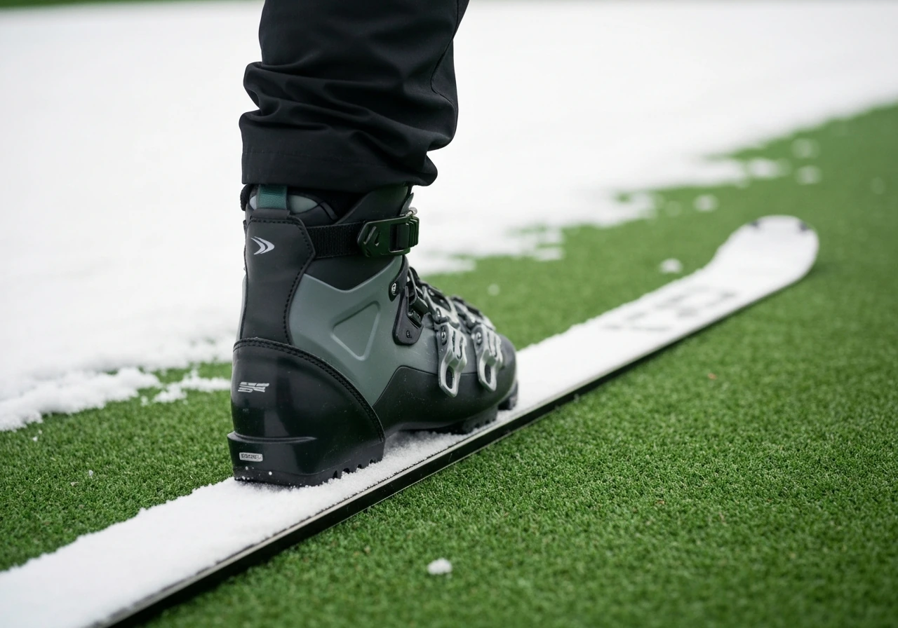 Une chaussure de ski sur l’herbe synthétique, montrant un léger arrachement et un frottement des fibres