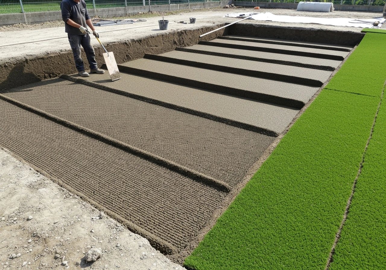 Fond de forme nivelé et compacté avec sous-couche pour herbe synthétique, zones de drainage et lé prêt à être raccordé.