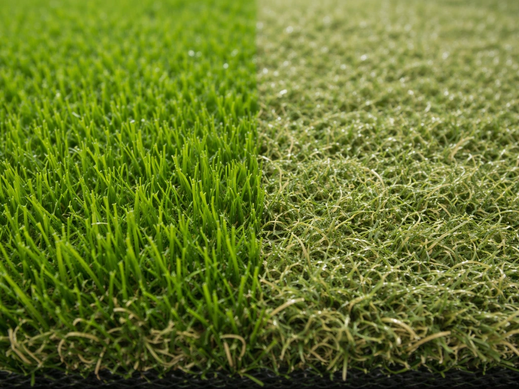 Gros plan comparatif de brins de gazon synthétique debout vs brins couchés et écrasés, état d’usure visible.