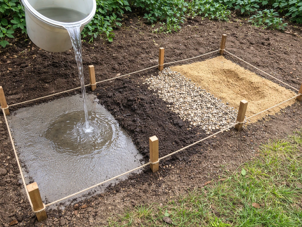 Petit jardin montrant quatre zones (béton, terre, gravillon, sable) avec eau s’infiltrant différemment depuis un seau.