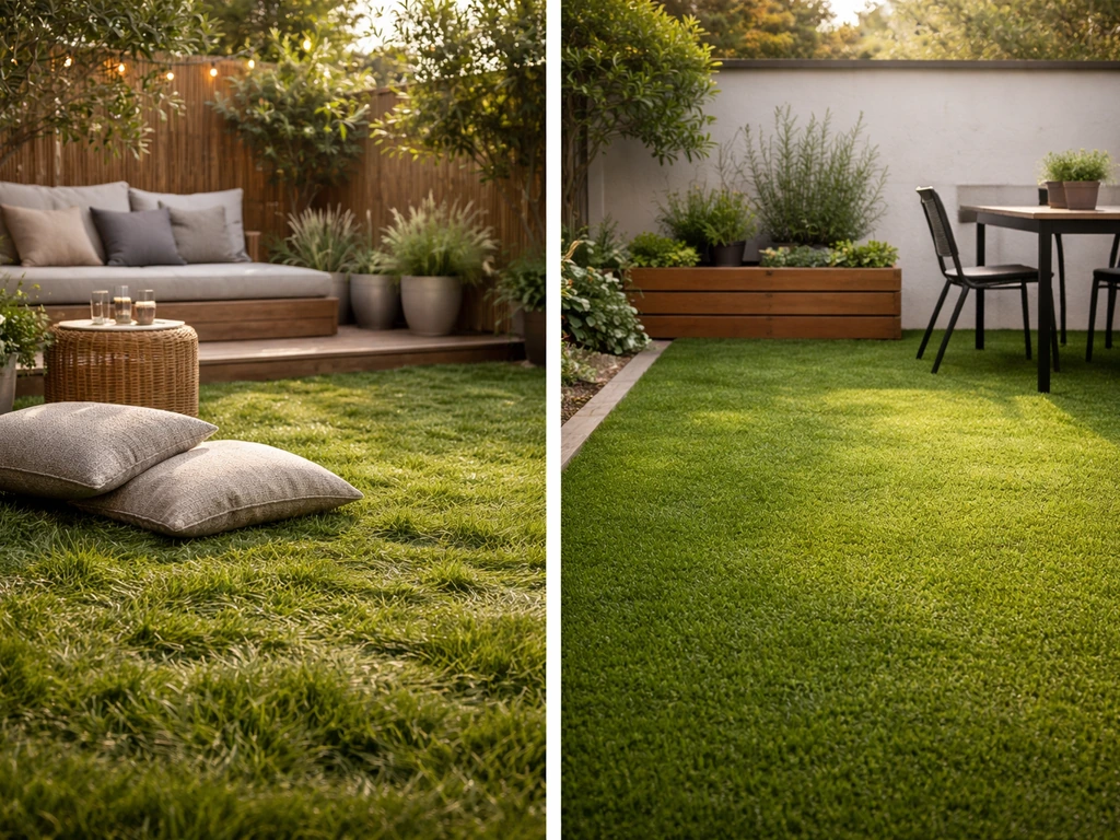 Deux zones de jardin : gazon moelleux pour détente à côté d’une zone plus technique, textures différentes.