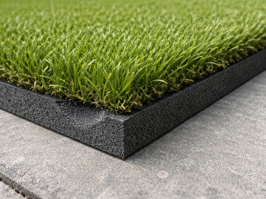 Gros plan sur une sous-couche en mousse/caoutchouc de 8–10 mm sous le gazon, montrant l’amorti