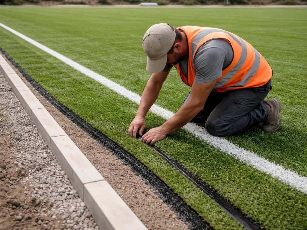 Poseur vérifiant le bord d’un terrain de foot synthétique, bordure et caniveau en place près des lés de gazon