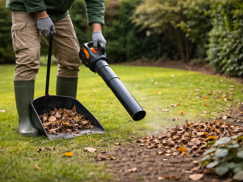 Jardinier anonyme ramassant des feuilles puis utilisant un souffleur pour les pousser vers le bord de la pelouse.