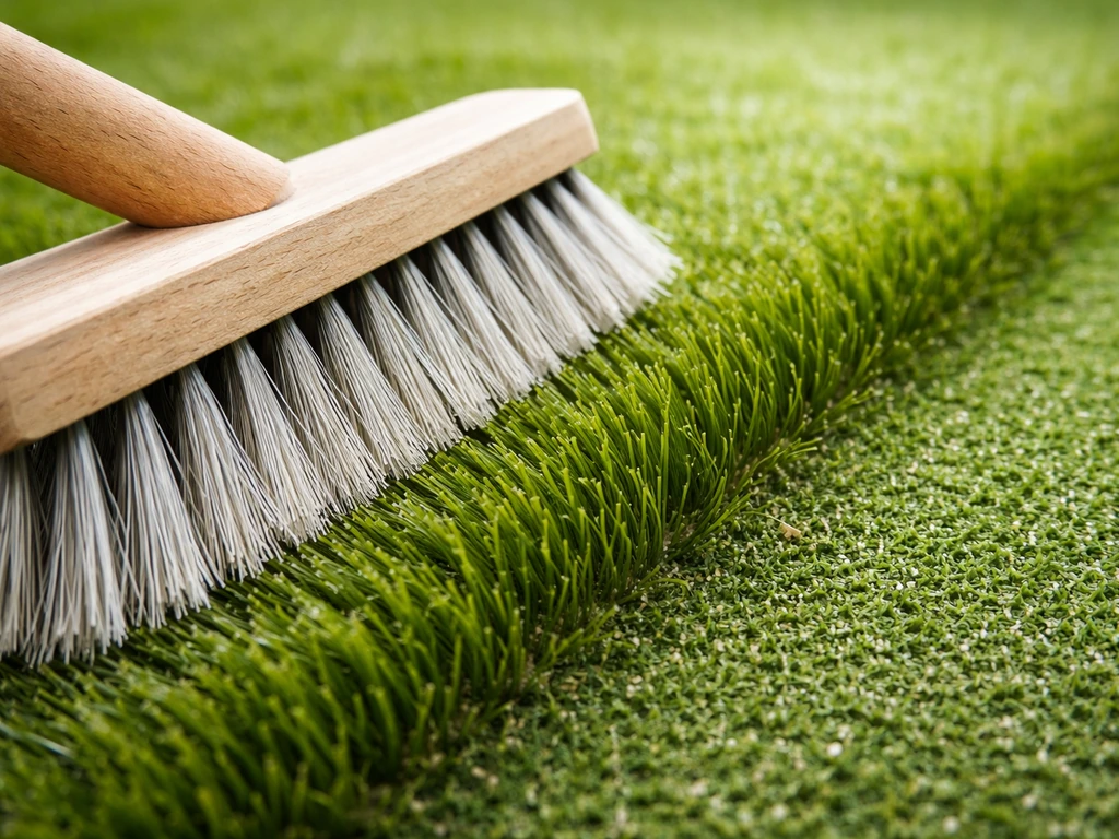 Gros plan sur une brosse rigide redressant les fibres de gazon synthétique en contre-sens.