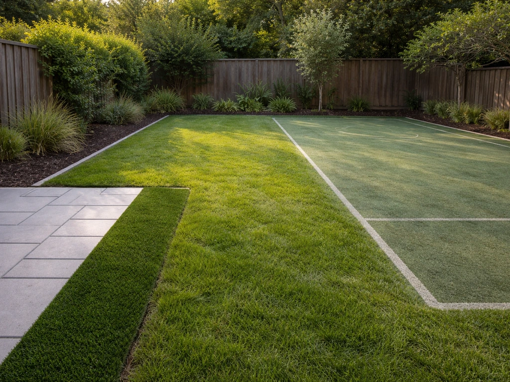 Trois zones distinctes : pelouse synthétique sur terrasse, pelouse de jardin, et aire de jeu verte au sol.