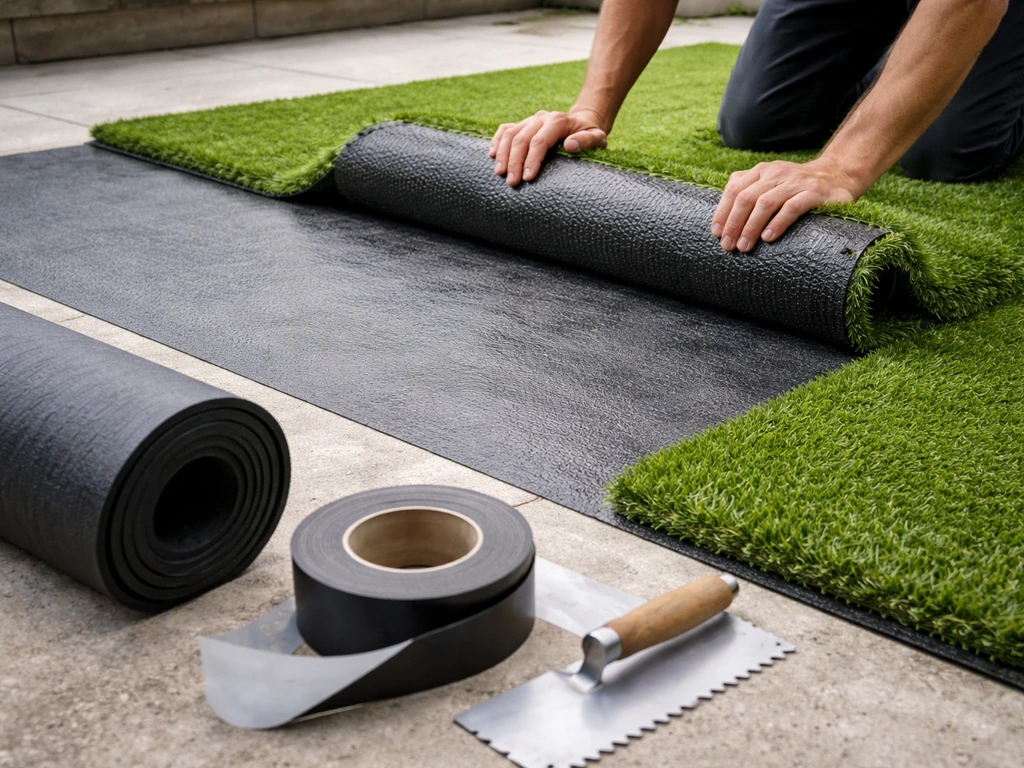 Pose d’une pelouse synthétique sur terrasse en béton, matériaux visibles sur un support préparé