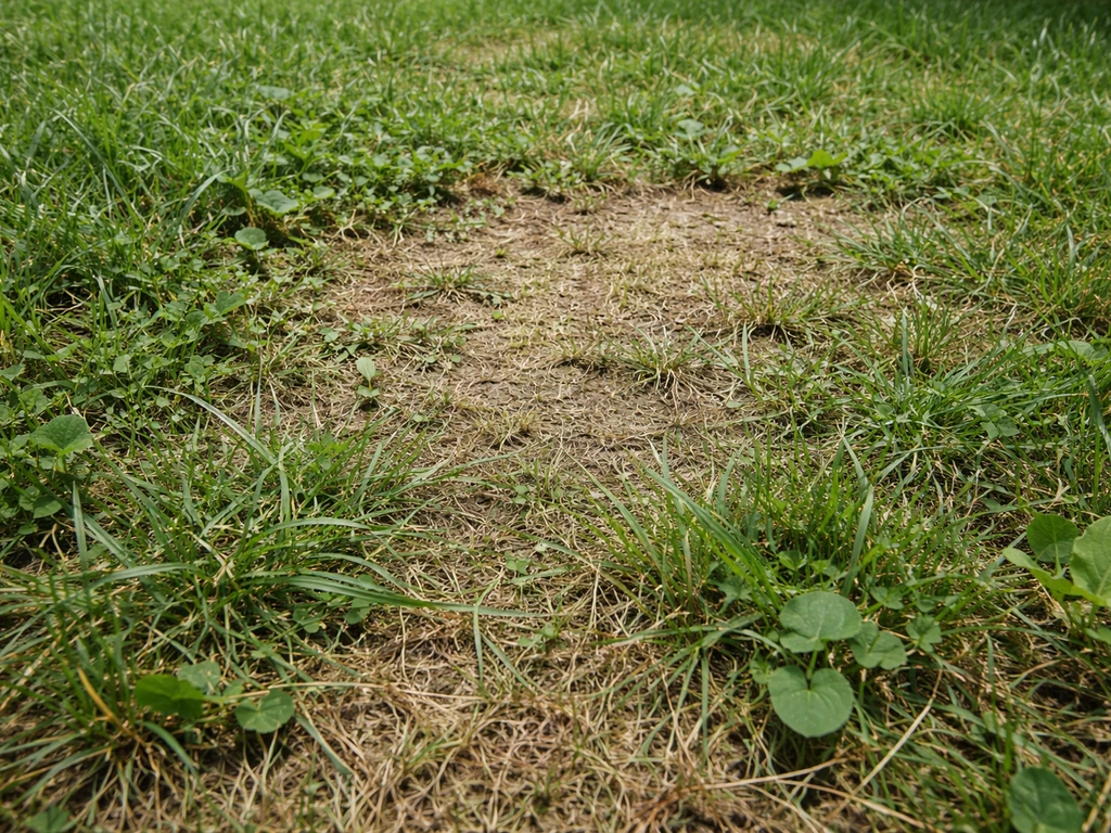 Pelouse française montrant des mauvaises herbes vivaces (chiendent/liseron) avant décapage, vue rapprochée au sol.