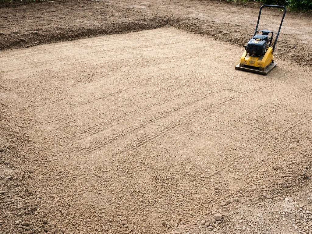 Couche de sable concassé 0/4–0/6 étalée en épaisseur régulière, prête à être compactée.