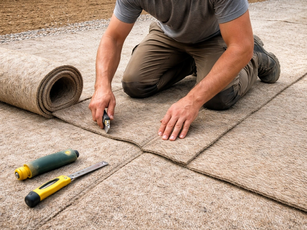Technicien au sol qui déroule et ajuste un tapis de fibres pour une surface plane et uniforme, chantier minimal.