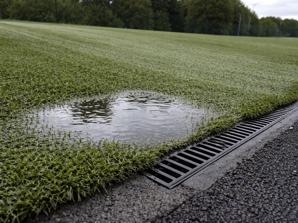 Sur un gazon sportif, une flaque d’eau stagnante près d’un avaloir, pour montrer un drainage à vérifier.