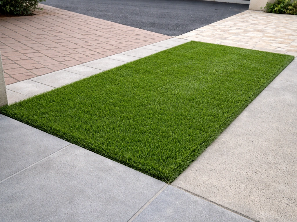 Gazon synthétique posé à côté de béton, carrelage, pavés, pierre naturelle et enrobé dans une cour.