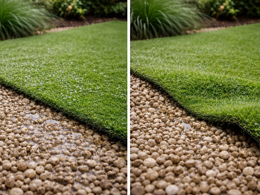 Comparatif de deux zones de jardin : cailloux bien compactés sous gazon synthétique vs support instable et trop épais.