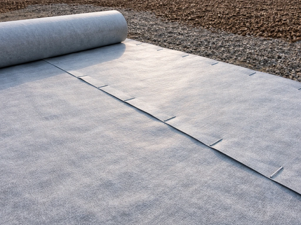 Géotextile non tissé déroulé avec recouvrement entre lés et fixations sur un sol de chantier avec cailloux.