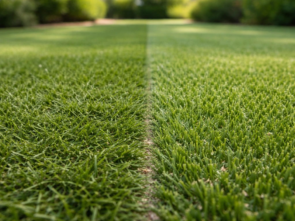 Gazon de pétanque avec sable d’infiltration qui stabilise les fibres, avec zone témoin sans sable.
