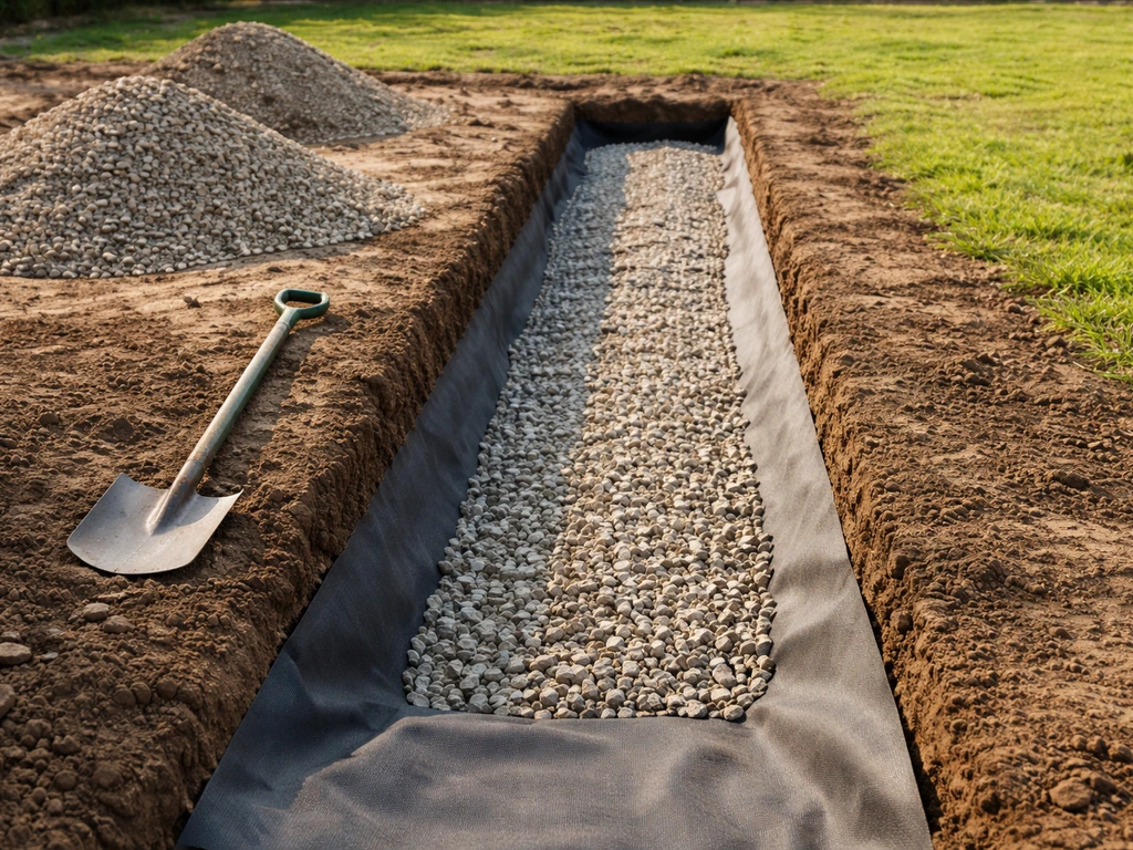 Tranchée de drainage avec couche de gravier 8/16 et géotextile sur un terrain avant pose de gazon synthétique.