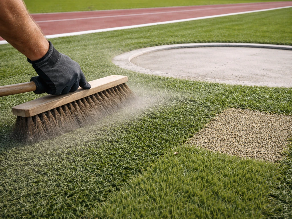 Technicien en train de regarnir et de brosser une zone de lancer en surface synthétique d’athlétisme