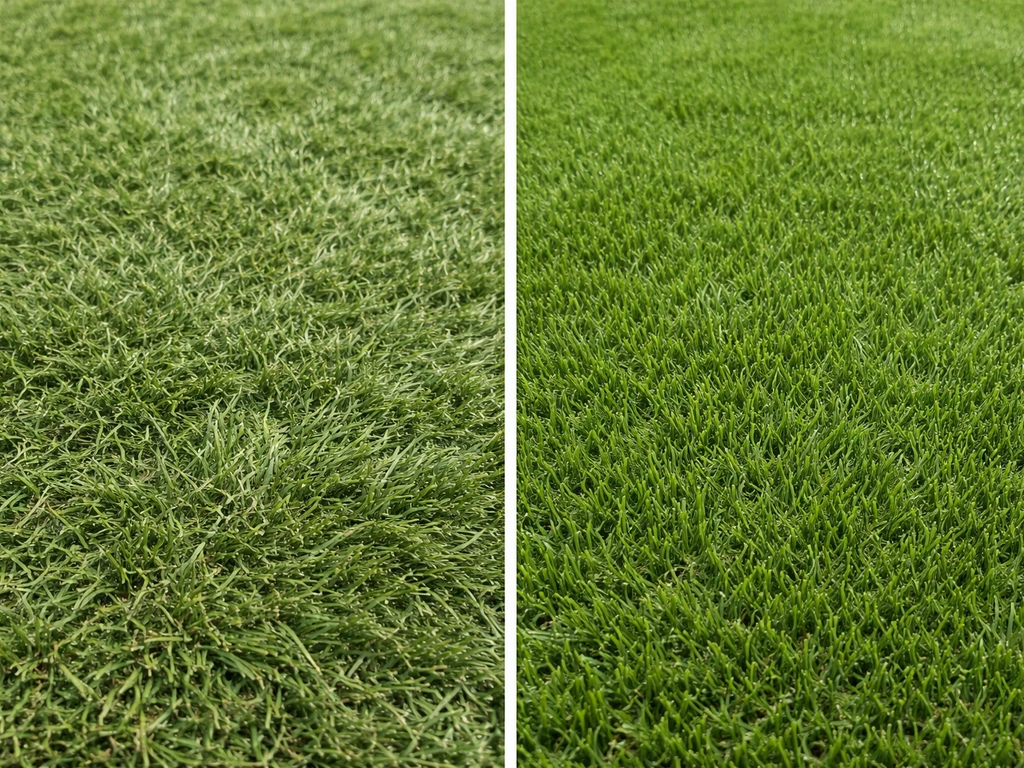 Deux zones de gazon côte à côte : à gauche brins couchés, à droite brins redressés.