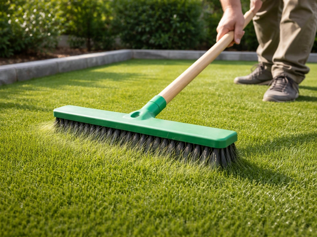 Mains anonymes brossant un gazon synthétique avec un râteau-brosse, jardin calme au soleil naturel.