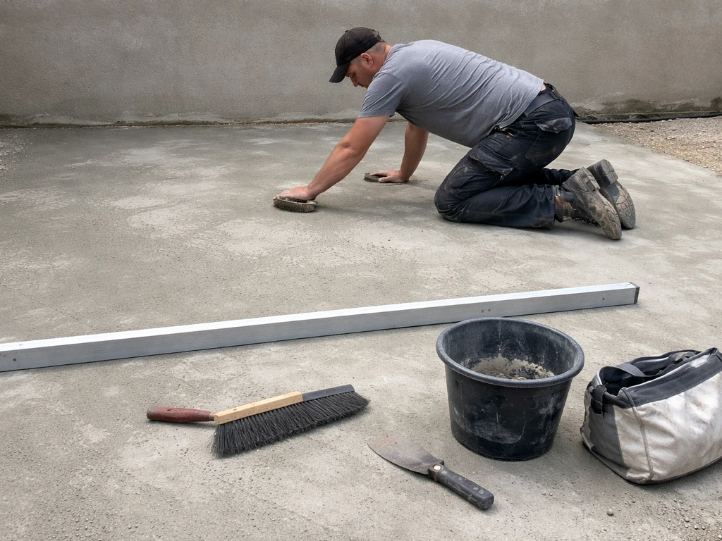 Ouvrier anonyme nettoyant et grattant une dalle béton, avec outils de planéité pour préparer le gazon synthétique.