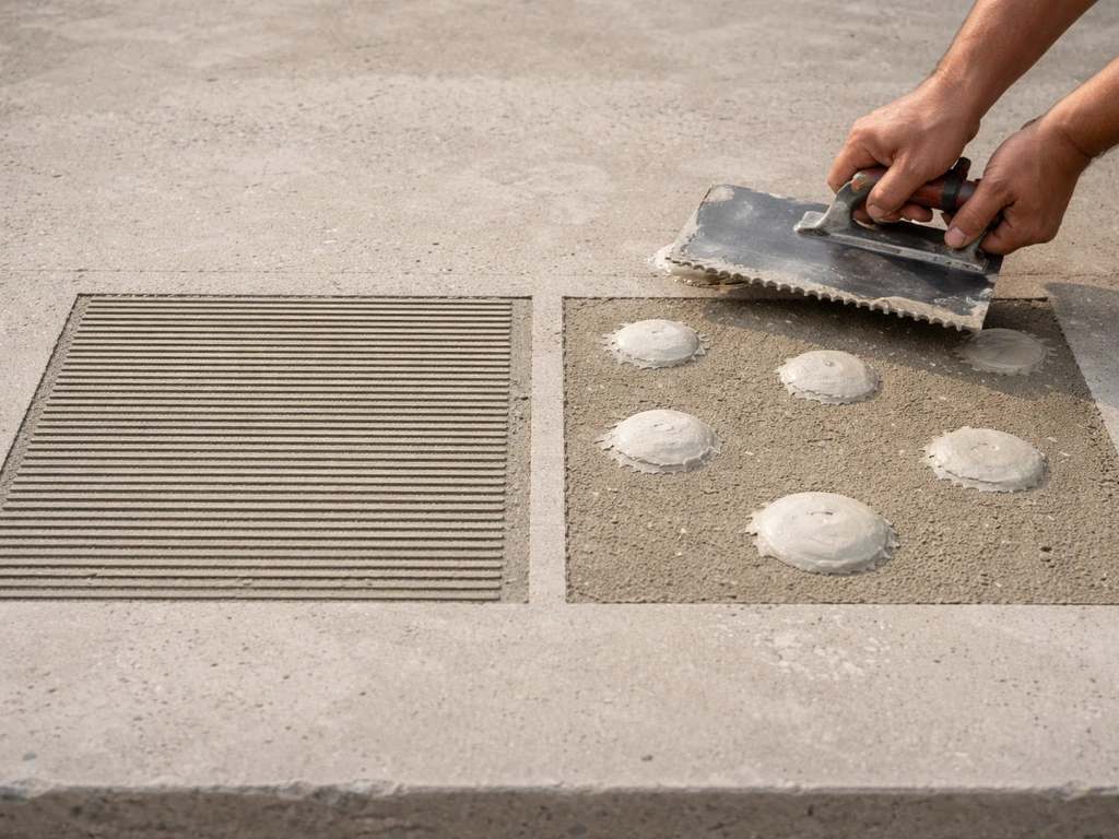 Sur dalle béton, deux zones contrastées : collage total vs pose sur plots avec colle, scène de chantier minimaliste.
