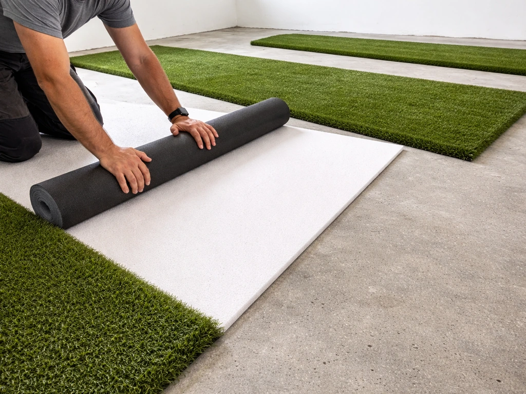 Mains dépliant une sous-couche et déroulant les lés de gazon synthétique sur une dalle béton.