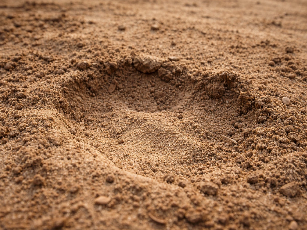 Gros plan d’un sol meuble instable avec légère déformation et tassement de terre et sable de remblai.