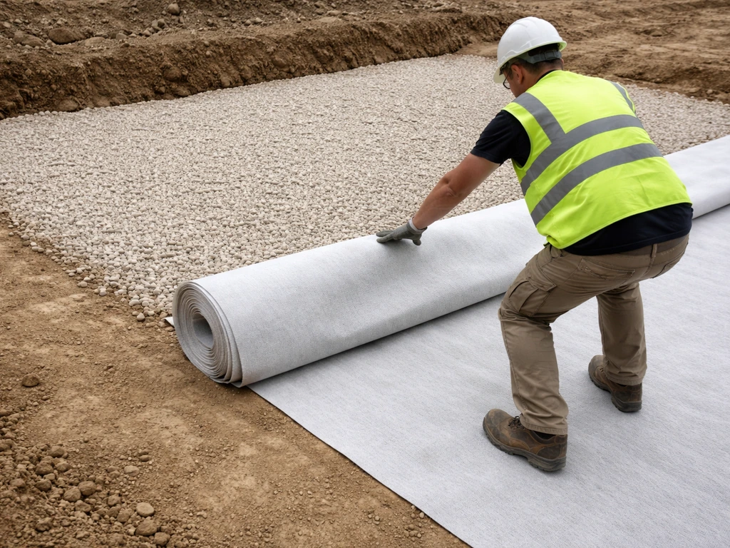 Fond de fouille compacté avec granulats drainants et géotextile déroulé et posé sur le sol.