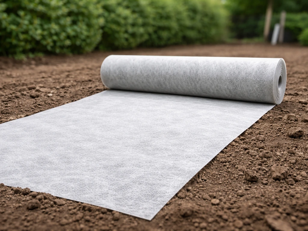 Rouleau de géotextile non tissé gris clair avec une bande déroulée au sol, orientation pour la pose