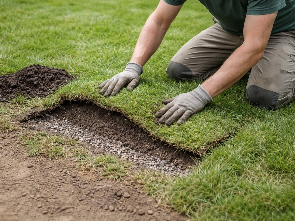 Gazon ondulé en réparation : un jardinier anonyme retouche le sol et réajuste un drainage discret.