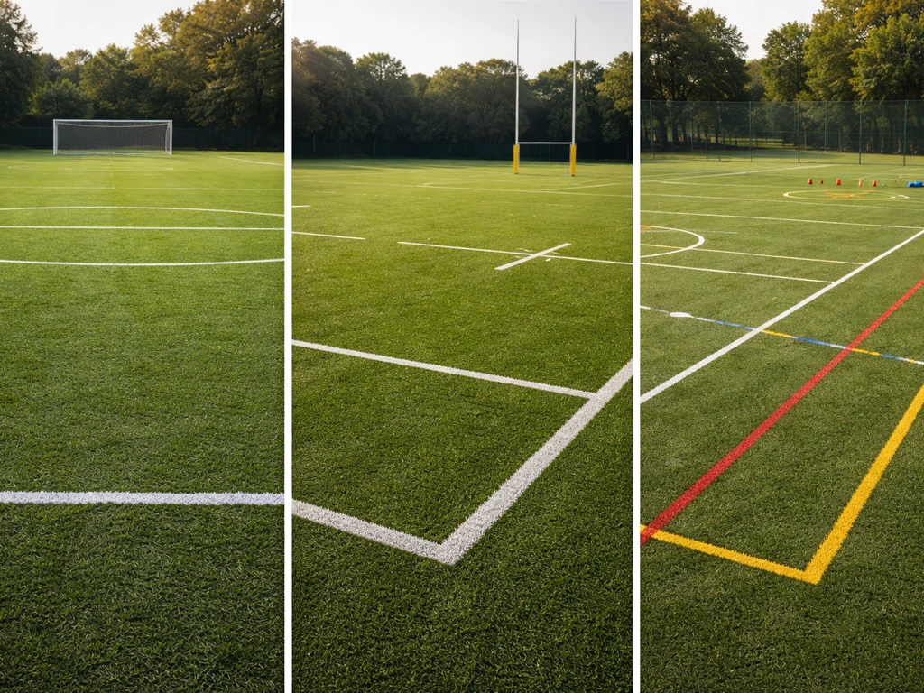 Collage de trois terrains de sport en gazon synthétique : football, rugby et multisports, sans texte.