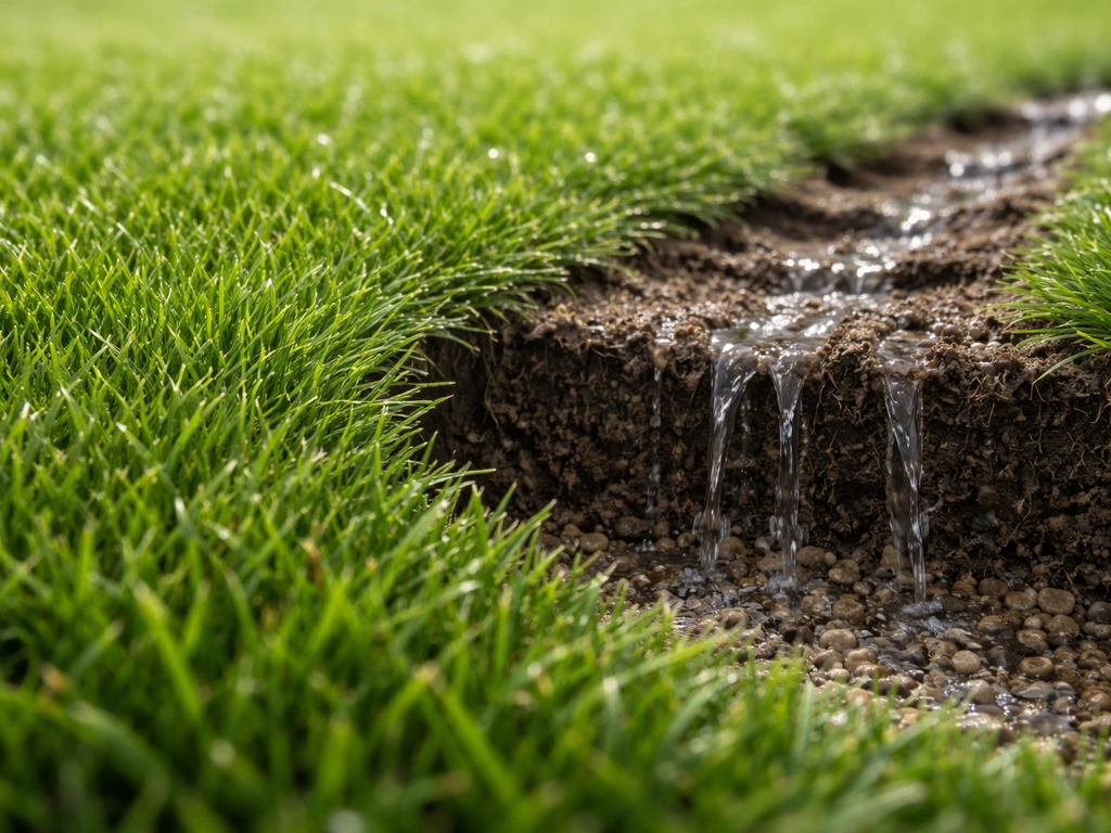 Macro réaliste de fibres de gazon et détail de l’écoulement de l’eau dans un sol de pelouse