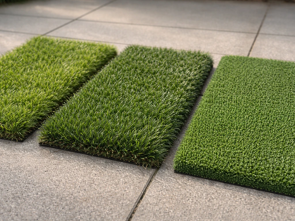 Trois petites zones de gazon synthétique au sol, texture naturelle, fibres résistantes, et zone sport très dense.