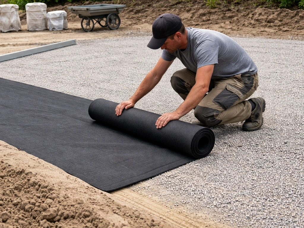 Pose du géotextile sur gravier, couche de sable de nivellement et règle de maçon pour vérifier la planéité.