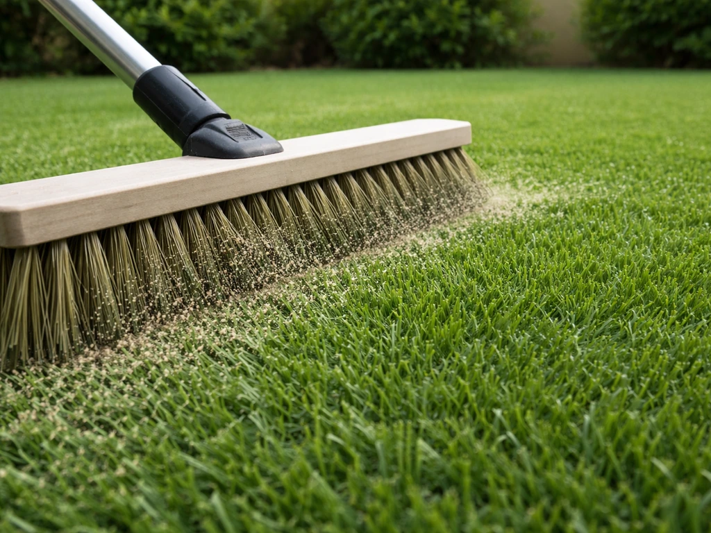Gazon synthétique brossé à contre-poil : brins redressés et sable de garnissage retombant entre les fibres.